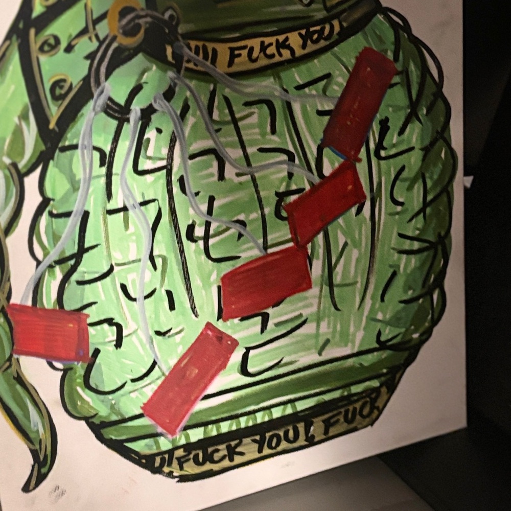 Unique Green Graphic Bag with Red Details